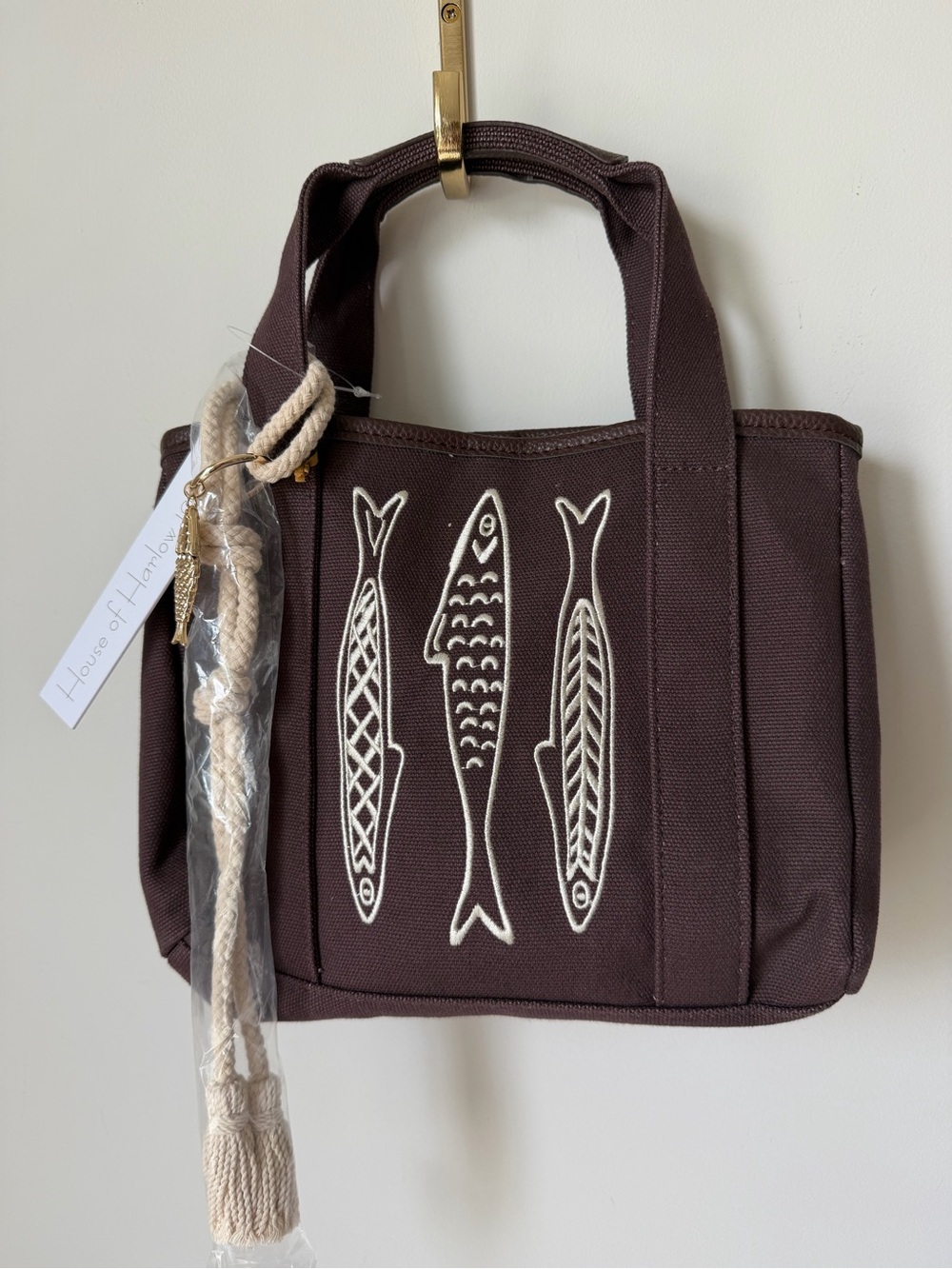 brown sardine fish Embroidered tote bag with charm